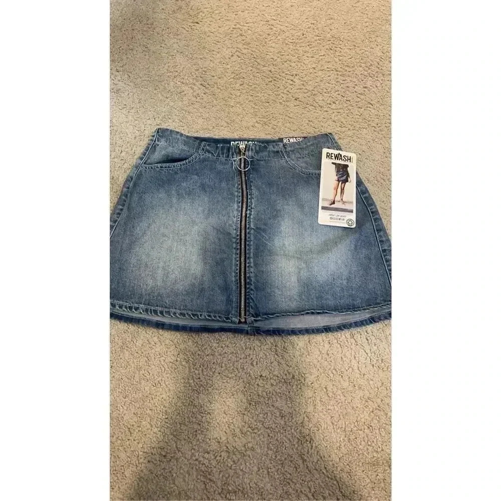 NEW Rewash Women's Denim Mini Skirt Size 7 Blue Full‎ Front Zip Casual Stretch